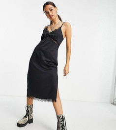 Черное платье-комбинация миди с кружевной отделкой Topshop Petite-Черный цвет