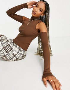 Коричневый лонгслив с открытыми плечами Bershka-Коричневый цвет