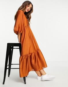Ярусное свободное платье миди золотистого цвета со сборками InWear Yiva-Коричневый цвет