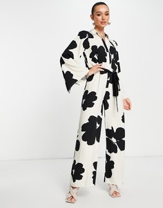 Комбинезон с рукавами-кимоно, широкими штанинами и однотонным цветочным принтом в стиле oversized ASOS DESIGN-Разноцветный