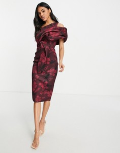 Платье-футляр миди красного цвета с открытыми плечами, складками и цветочным принтом ASOS DESIGN-Красный