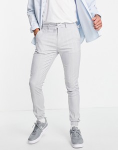Классические зауженные брюки из мягкой ткани в тонкую полоску голубого цвета со шнурком на поясе ASOS DESIGN-Серый