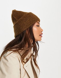 Коричневая шерстяная вязаная в рубчик шапка-бини с начесом Selected Femme-Коричневый цвет