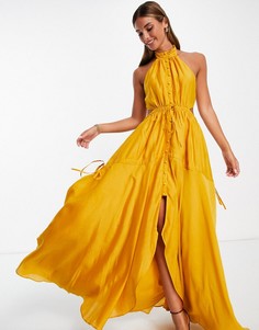 Платье макси горчичного цвета с завязкой на шее, пуговицами и ярусной юбкой ASOS DESIGN-Желтый