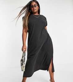 Трикотажное платье миди из органического хлопка черного выбеленного цвета с подплечниками и разрезами по бокам Only Curve-Черный цвет