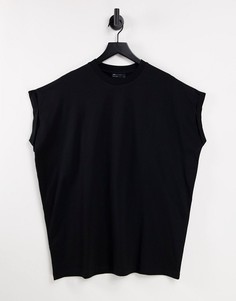 Черная длинная oversize-футболка с круглым вырезом и отворотами на рукавах ASOS DESIGN-Черный цвет