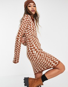 Вязаное платье мини с застежкой на пуговицы и волнистым узором ASOS DESIGN-Коричневый цвет