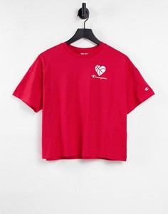Красная укороченная футболка с принтом в виде сердца Champion-Красный