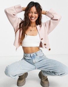 Нежно-розовый укороченный трикотажный кардиган свободного кроя Topshop-Розовый цвет