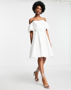 Платье миди цвета слоновой кости с вырезом сердечком и поясом Miss Selfridge-Белый