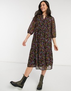 Платье миди с присборенной юбкой, V-образным вырезом и мелким цветочным принтом Vero Moda-Многоцветный