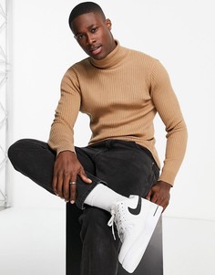 Светло-коричневая хлопковая водолазка в рубчик Brave Soul-Коричневый цвет