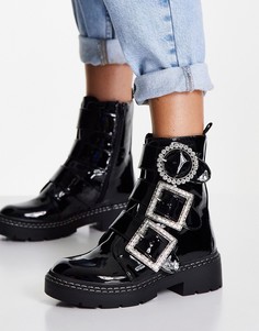 Черные ботинки на плоской подошве с пряжкой и отделкой стразами River Island-Черный цвет