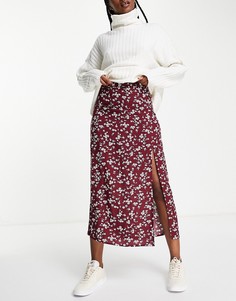 Бордовая юбка миди с цветочным принтом и разрезом (от бедра) ASOS DESIGN-Разноцветный