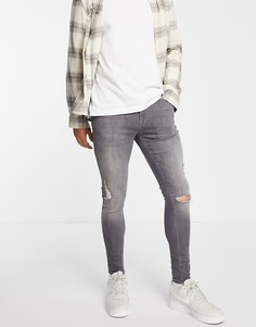 Серые джинсы с покрытием из эластичной ткани и рваной отделкой ASOS DESIGN-Серый