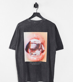 Серая выбеленная футболка в стиле oversized с принтом губ на спине Sixth June-Серый