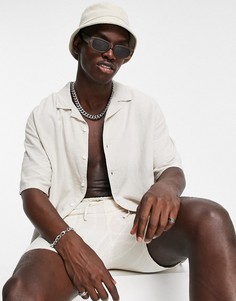 Льняная рубашка в стиле oversized песочного цвета с отложным воротником Bershka-Светло-бежевый цвет