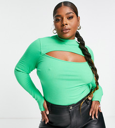 Зеленый лонгслив в рубчик с вырезом спереди и высоким воротником ASOS DESIGN Curve-Зеленый цвет