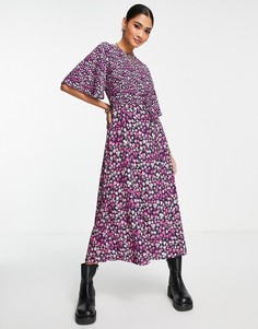 Фиолетовое платье миди с цветочным принтом и расклешенными рукавами French Connection Bethany Verona-Разноцветный