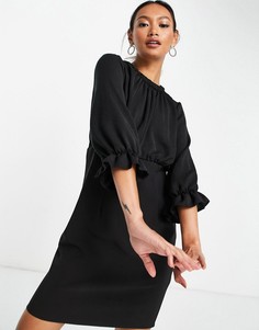 Черное платье мини из смесовой ткани с оборками на рукавах ASOS DESIGN-Черный цвет