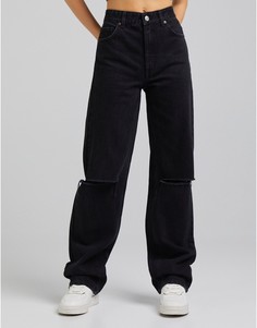 Черные джинсы в винтажном стиле со рваной отделкой Bershka-Черный цвет