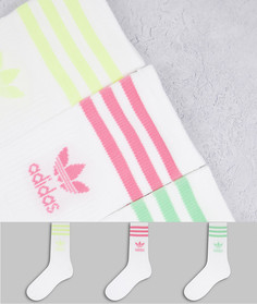 Набор из 3 пар белых носков средней длины с полосками пастельного цвета и логотипом-трилистником adidas Originals Adicolor-Белый