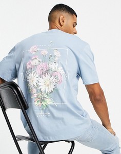 Голубая футболка с цветочным принтом Майами на спине River Island-Голубой