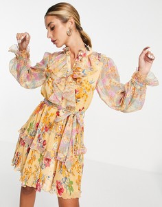 Желтое платье мини с цветочным принтом, оборками и длинными рукавами River Island-Розовый цвет