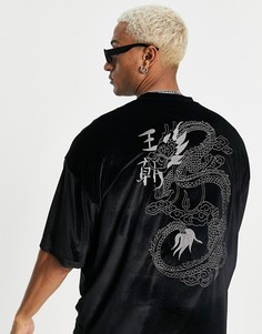 Черная велюровая oversized-футболка с вышивкой на спине ASOS DESIGN-Черный цвет