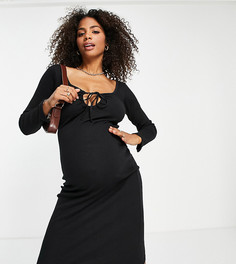 Черное платье миди в рубчик с завязкой Missguided Maternity-Черный цвет