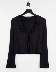 Черный топ с длинными рукавами, оборками и завязкой спереди ASOS DESIGN-Черный цвет