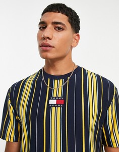 Темно-синяя футболка с логотипом-флагом с полосками по центру Tommy Jeans-Темно-синий