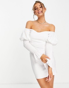 Кремовое платье мини с открытыми плечами и объемными рукавами Outrageous Fortune-Белый