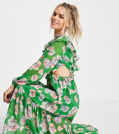 Зеленое платье миди с оборками и вырезами Miss Selfridge Petite-Зеленый цвет