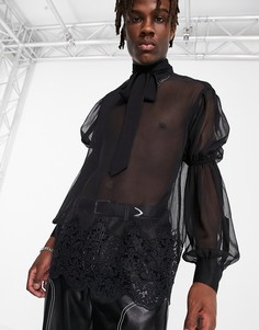 Полупрозрачная рубашка классического кроя с пышным рукавом на манжете и кружевом ASOS DESIGN-Черный цвет