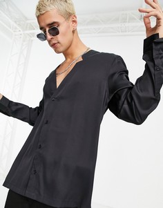 Атласная рубашка классического кроя с разрезами на горловине ASOS DESIGN-Черный цвет