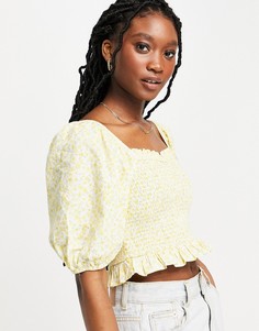 Желтая присборенная блузка с объемными рукавами и цветочным принтом Miss Selfridge-Желтый