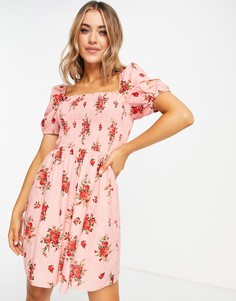 Розовое присборенное платье мини из хлопка с цветочным принтом Miss Selfridge-Розовый цвет