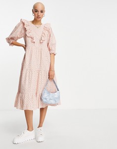 Розовое платье миди с вышивкой ришелье Miss Selfridge-Розовый