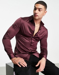 Облегающая атласная рубашка виноградного цвета, удлиненная сзади ASOS DESIGN-Фиолетовый цвет