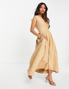 Бежевое платье миди с асимметричным краем Closet London-Коричневый цвет