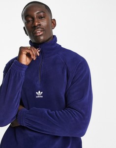 Темно-синий флисовый свитшот с молнией 1/4 и логотипом по центру adidas Originals adicolor