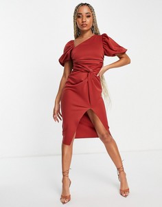 Терракотовое платье миди асимметричного кроя с пышными рукавами ASOS DESIGN-Медный