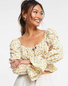 Блузка с присборенной талией, квадратным вырезом горловины и цветочным принтом Glamorous-Белый