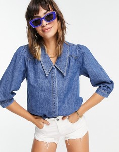 Синяя джинсовая укороченная рубашка с рукавами 3/4 Vero Moda-Голубой