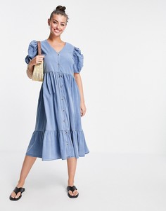Синее джинсовое платье миди с пышными рукавами Vero Moda-Голубой