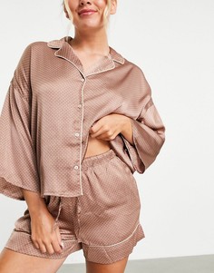 Атласная пижама цвета мокко с шортами, принтом в горошек и окантовкой Vero Moda-Коричневый цвет
