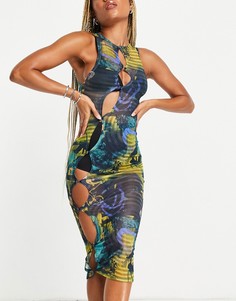 Сетчатое платье с вырезом-каплей и абстрактным принтом Jaded London-Разноцветный