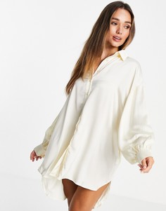 Атласное кремовое платье-рубашка в стиле oversized Glamorous-Белый