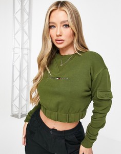 Оливково-зеленый свитшот с линейным логотипом в виде флага Tommy Jeans-Зеленый цвет